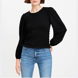 LOFT Smocked Bodice Mixed Media Top - Black